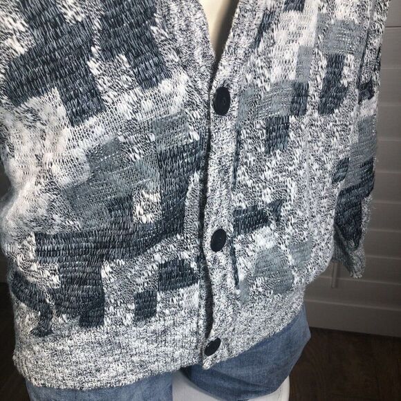 Vtg 90s Men's Michael Gerald Cardigan Acrylic Sweater M Gray White Blue Grandpa - Picture 9 of 12